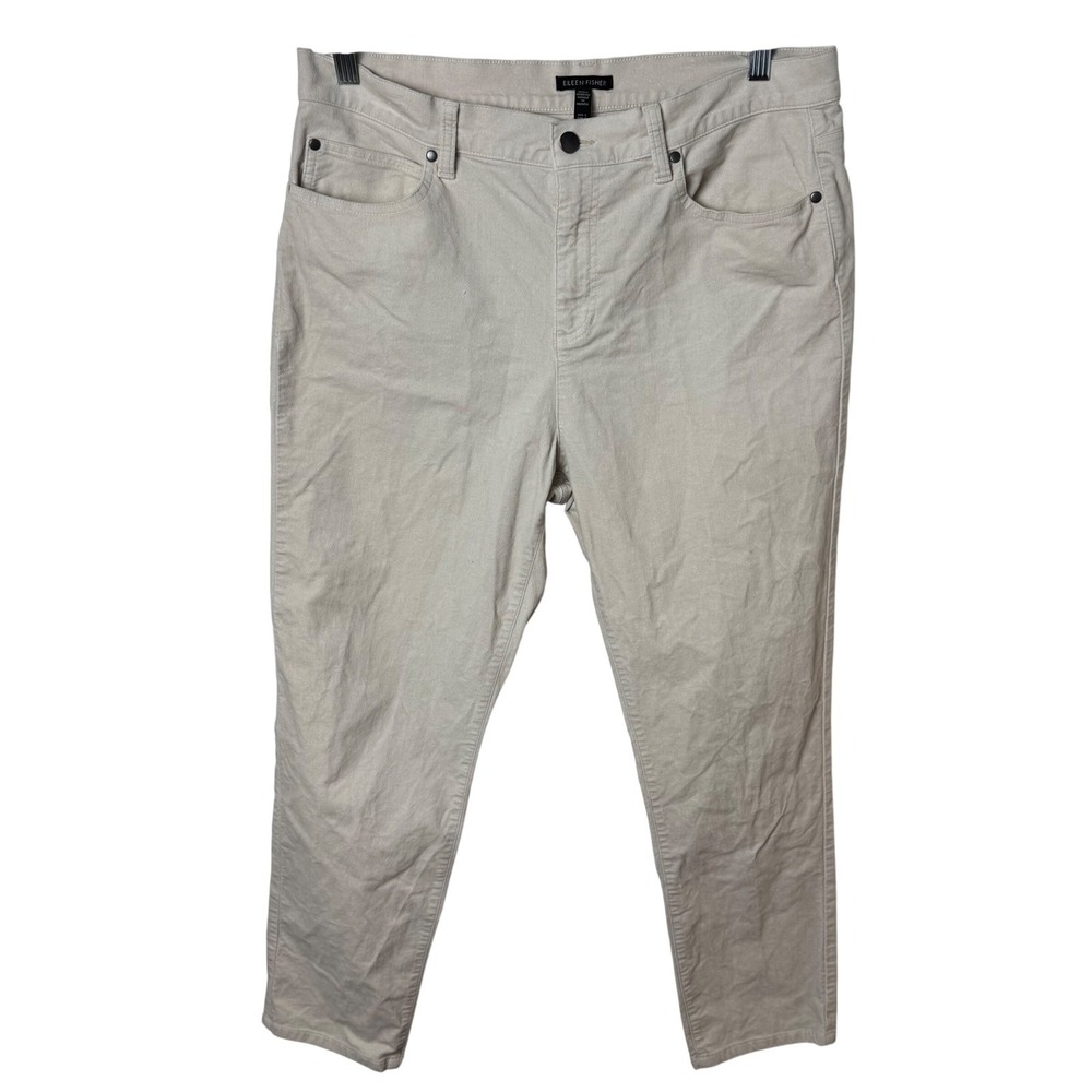 Eileen Fisher‎ Pants Women L Beige Organic Cotton Stretch Slim Long Five Pocket